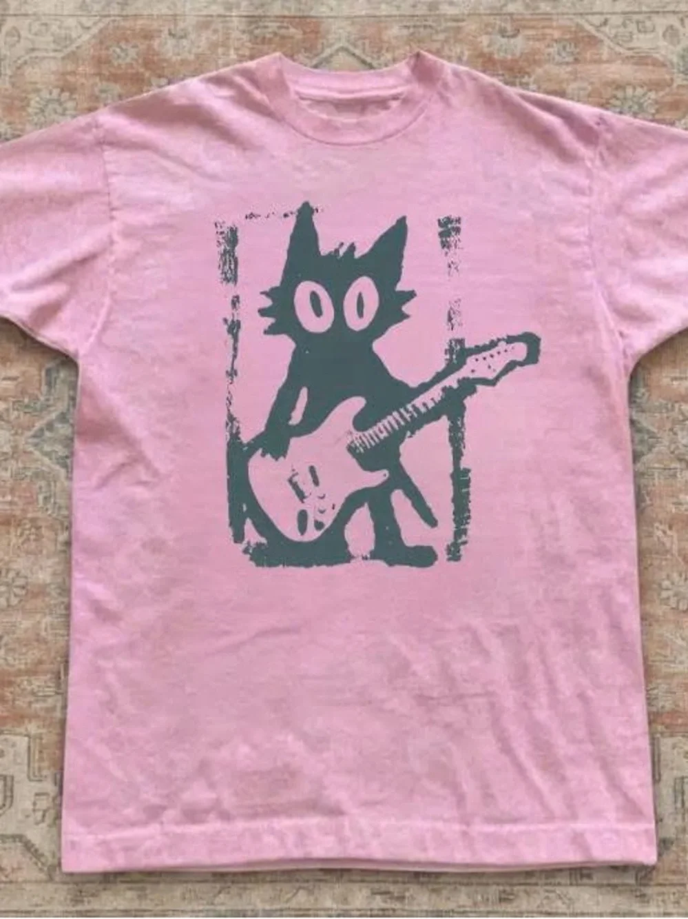 Gildan Pink Tee with Black Cat Guitar Graphic